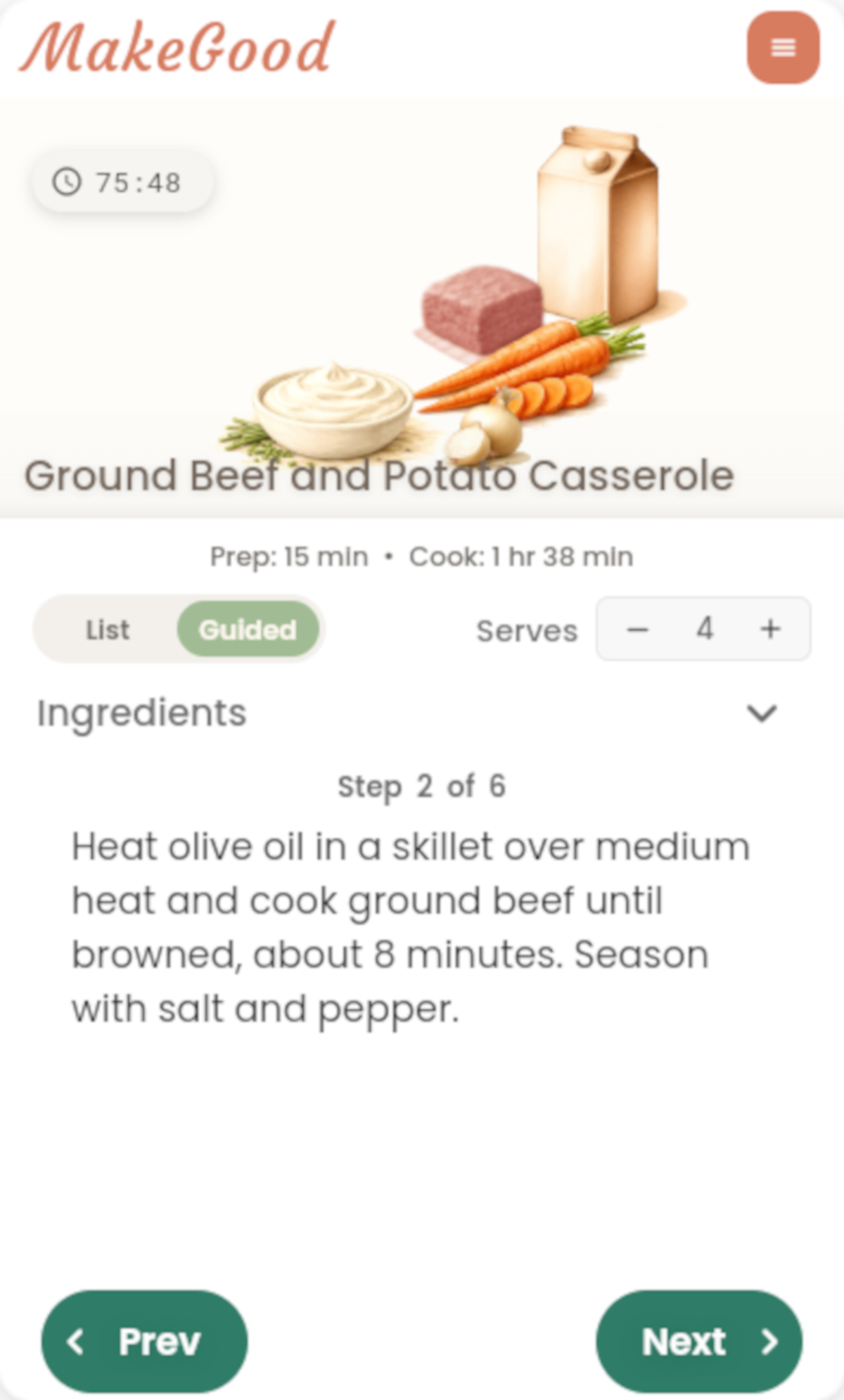 Guided Cook Mode with an active cooking step and timer