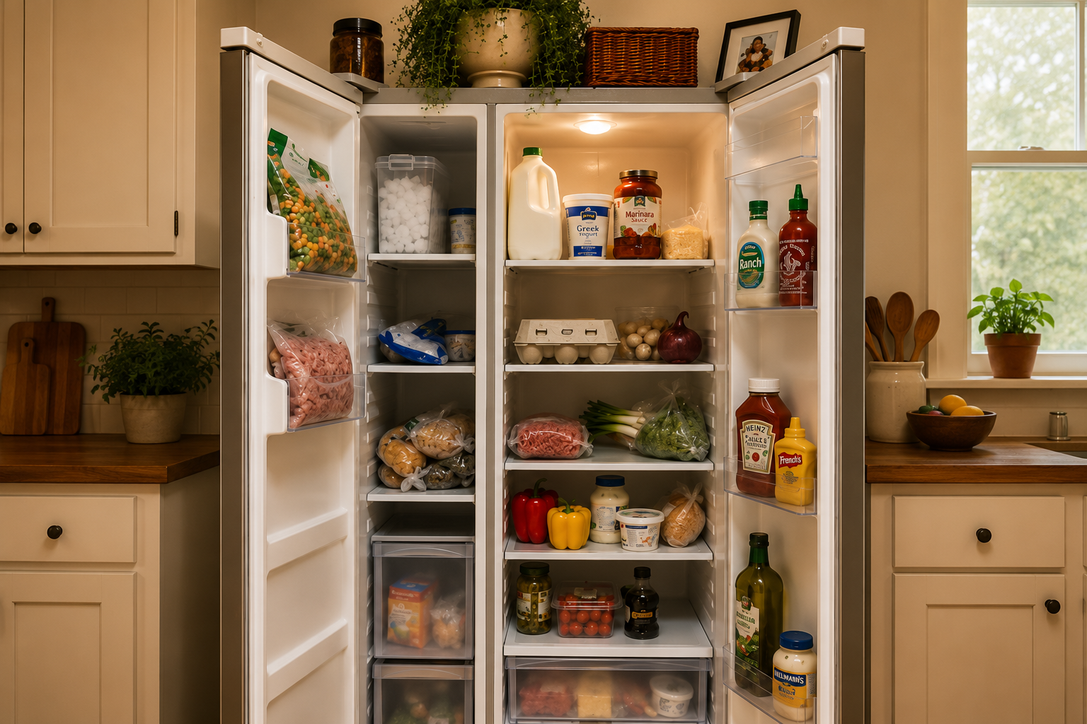 An open refrigerator filled with everyday ingredients
