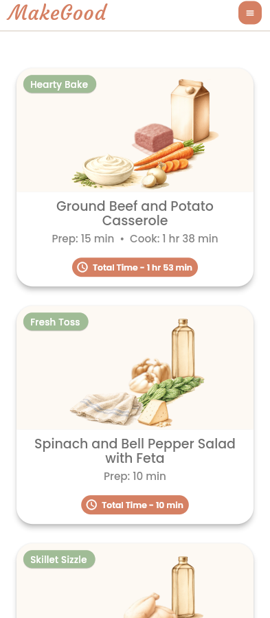 MakeGood dinner choices showing two complete recipes and the beginning of another